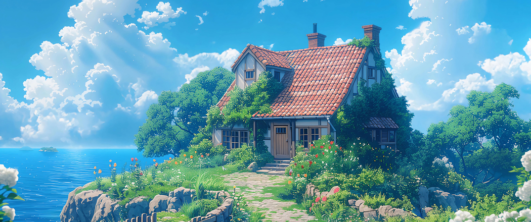 超高清3440x1440带鱼屏壁纸，海边风景小屋美景