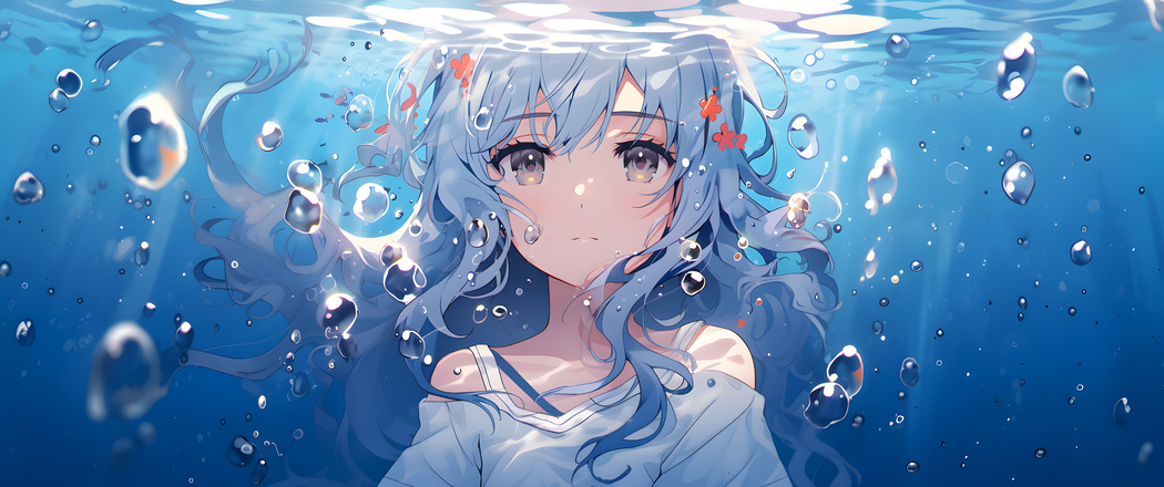高清3440x1440动漫带鱼屏壁纸，水下可爱动漫少女