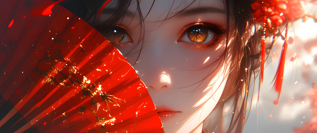 古风红扇佳人动漫壁纸，3440x1440带鱼屏高清下载