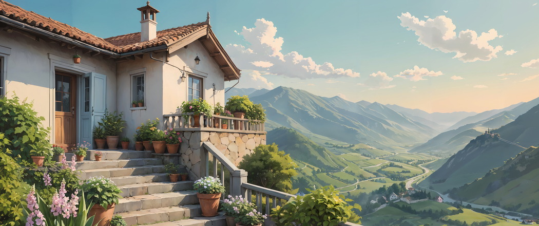 山上小房子盆栽美景 3440x1440 超清带鱼屏壁纸下载