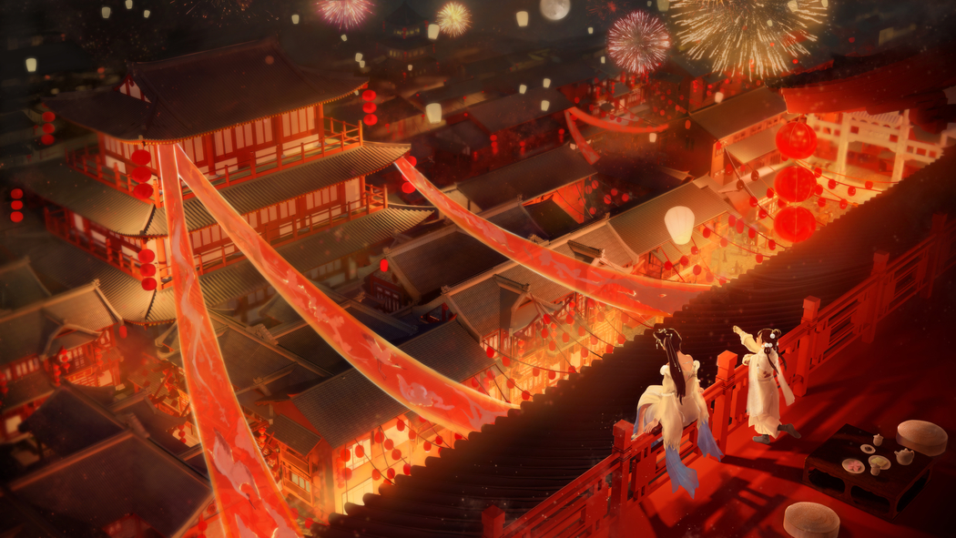 新年春节古风喜庆，女孩赏灯笼烟花4K高清壁纸，4000x2250下载