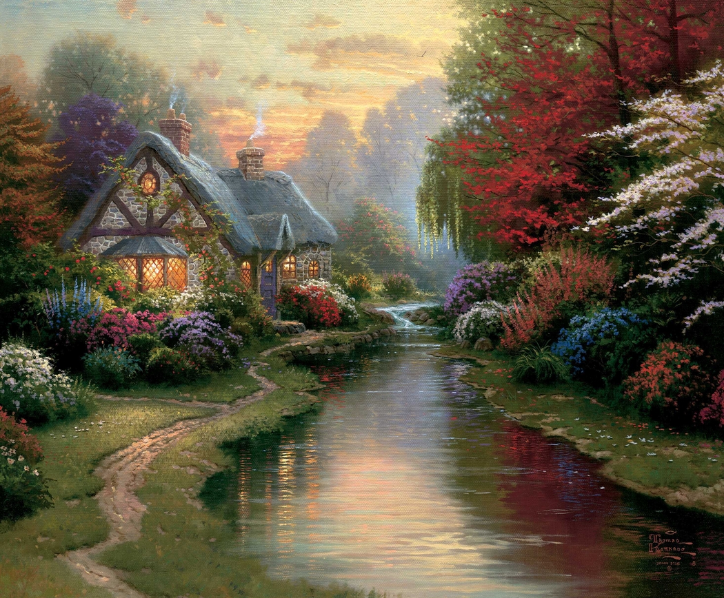 托马斯·金凯德风景画，宁静夜晚4K高清壁纸（2931x2422）下载