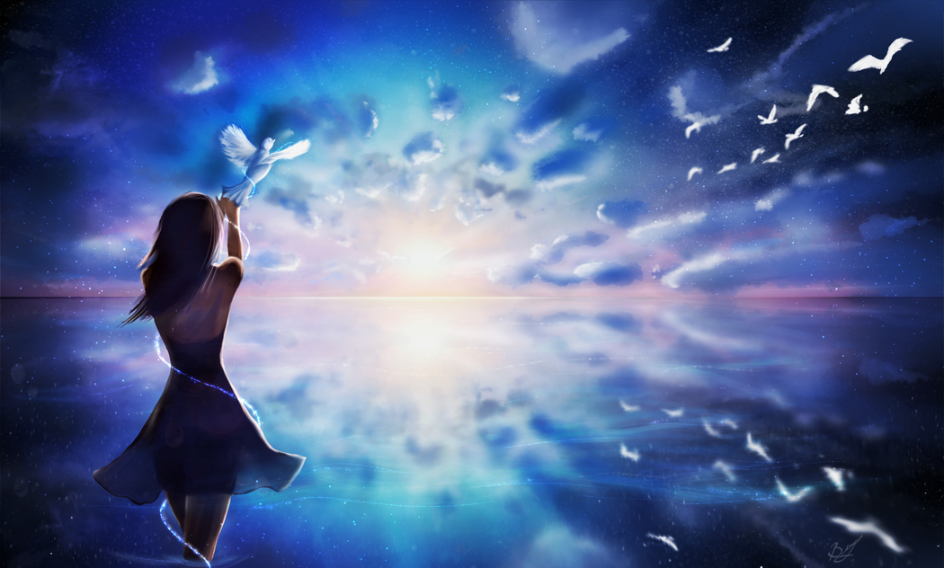 唯美女孩背影与白鸽鸟儿星空4K动漫高清壁纸，1920x1155分辨率下载