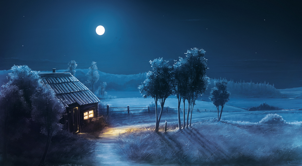 夜晚月亮房子树4K高清绘画风景壁纸，3256x1792分辨率下载