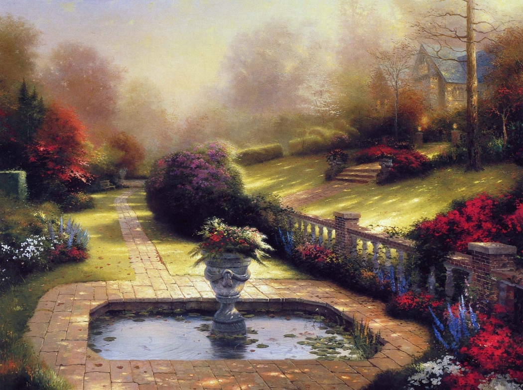 托马斯·金凯德画作，宁静花园道路 4K高清风景壁纸 1920x1432 下载