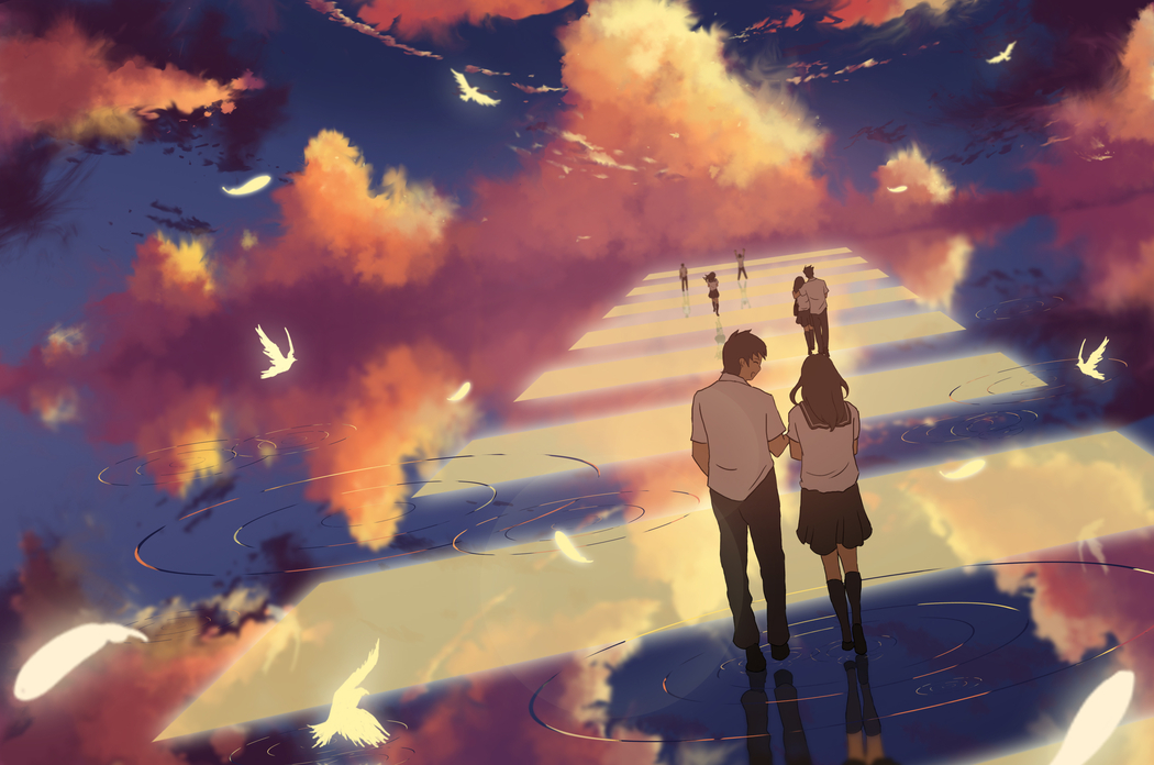 学生男女动漫天空步行图，4K高清壁纸3508x2325免费下载
