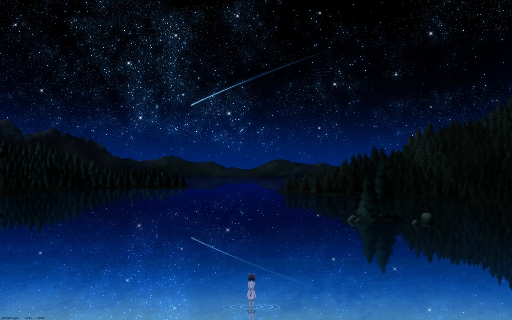 夜空繁星伴流星，小女孩湖畔许愿，4K动漫高清壁纸1920x1200下载
