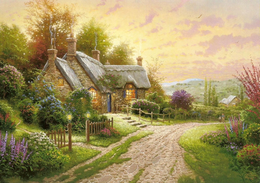 托马斯·金凯德夏季度墅道路4K高清绘画壁纸，2324x1640分辨率下载