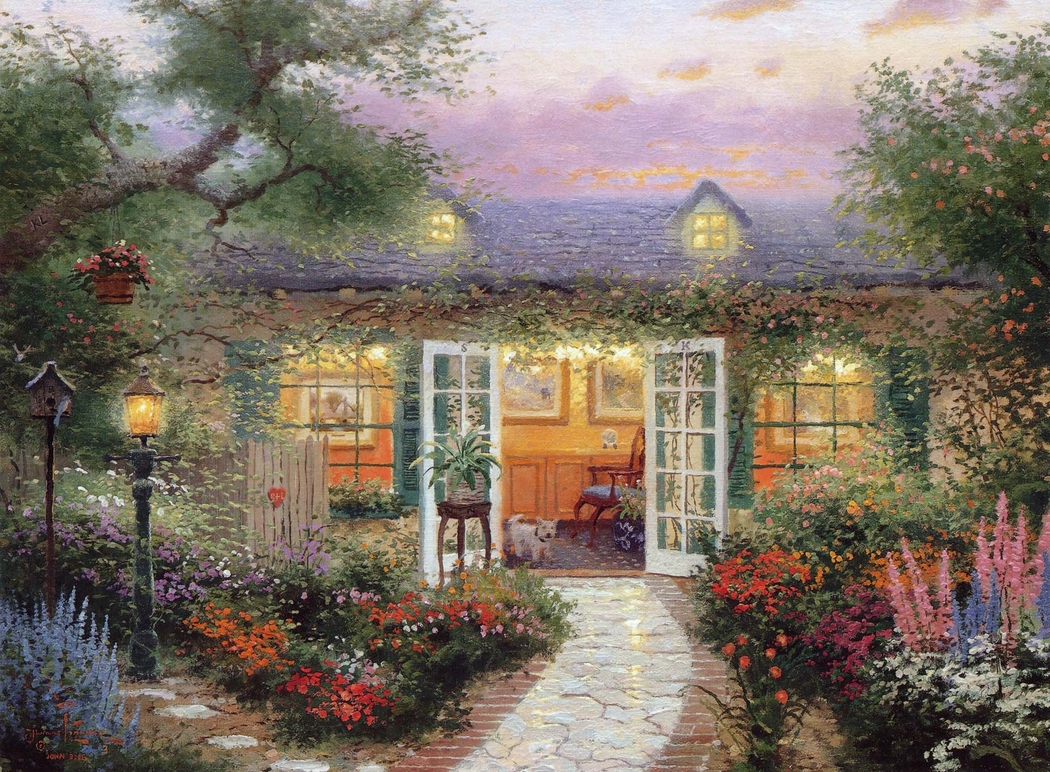 托马斯·金凯德夏日平房小狗主题4K高清绘画壁纸，1948x1432分辨率下载