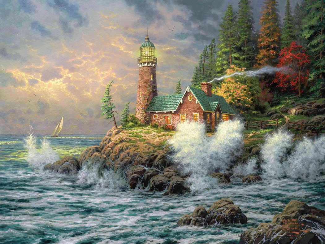 托马斯·金凯德灯塔海景4K高清绘画壁纸，2391x1795分辨率，免费下载
