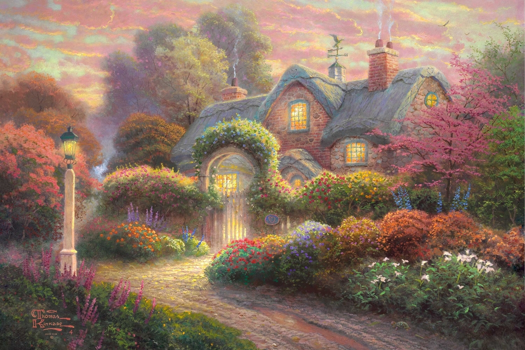 托马斯·金凯德4K绘画图片，鲜花、玫瑰花与房子高清壁纸，3000x2000下载