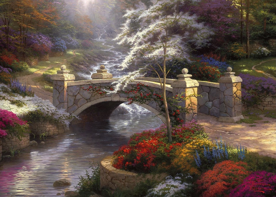 托马斯·金凯德4K风景画壁纸，自然树林桥梁小溪，高清1920x1375背景图下载