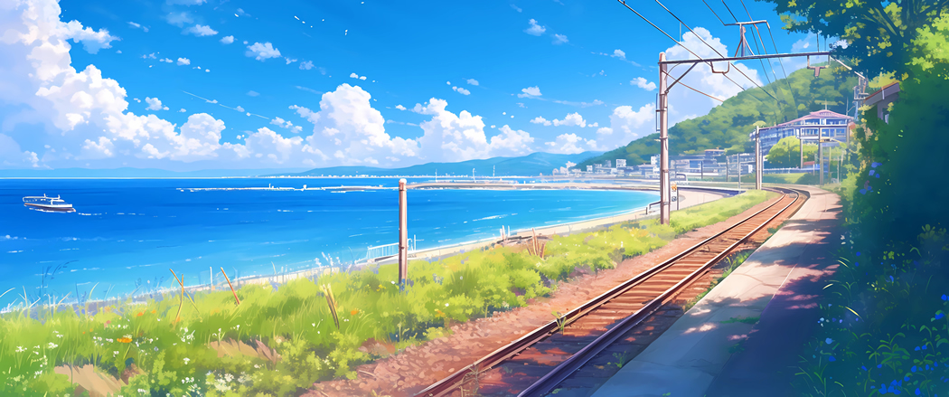 海边美景，蓝天、海岸、铁路与树影交织的4K高清壁纸（3440x1440带鱼屏适用）