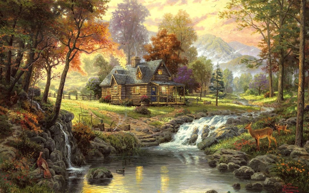 托马斯·金凯德4K精美风景画，秋日小屋、林间小溪，高清壁纸1920x1200下载