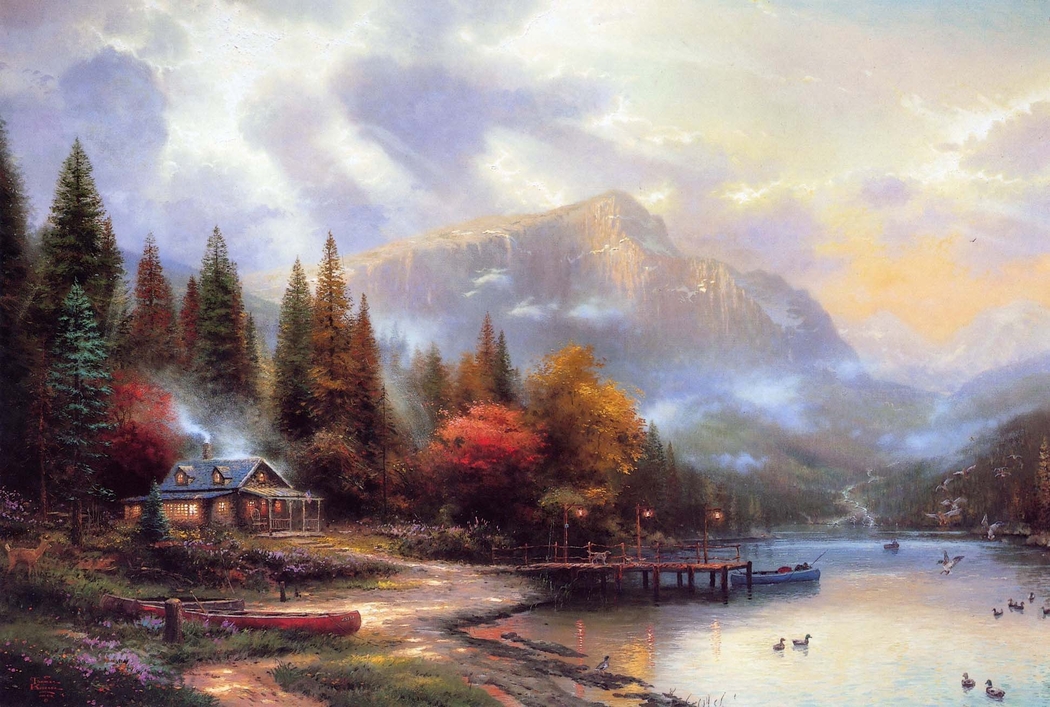 秋日房屋河流小鸭与山脉美景——托马斯·金凯德4K高清绘画壁纸1942x1307下载