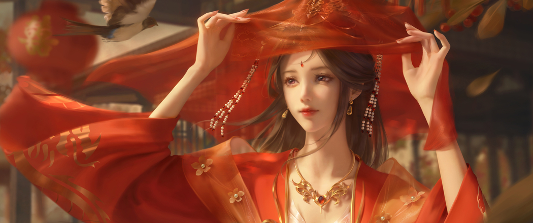 红色婚服动漫4K高清壁纸，完美世界清漪带鱼屏3440x1440下载