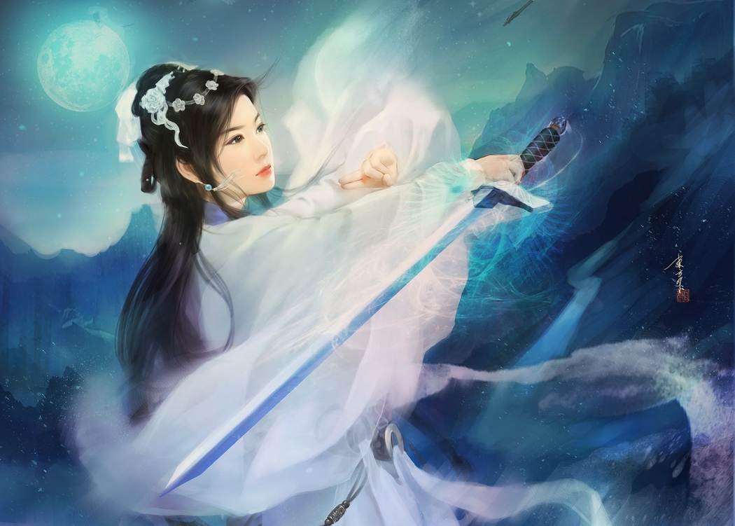 手绘古装美女月夜山景剑舞 4K高清壁纸 2244x1605 下载