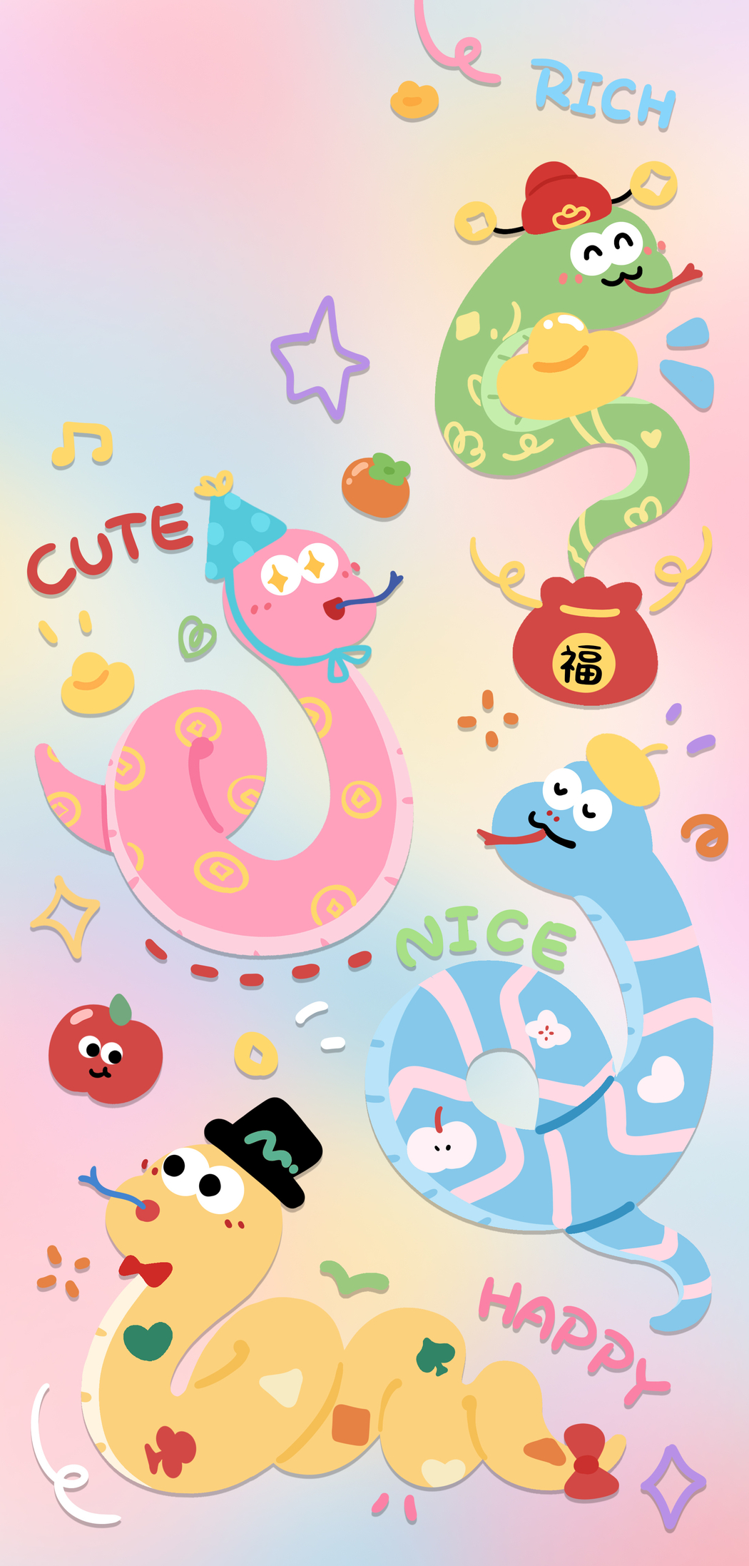 2025粉蓝小蛇新年可爱4K高清手机壁纸，2196x4589分辨率，免费下载
