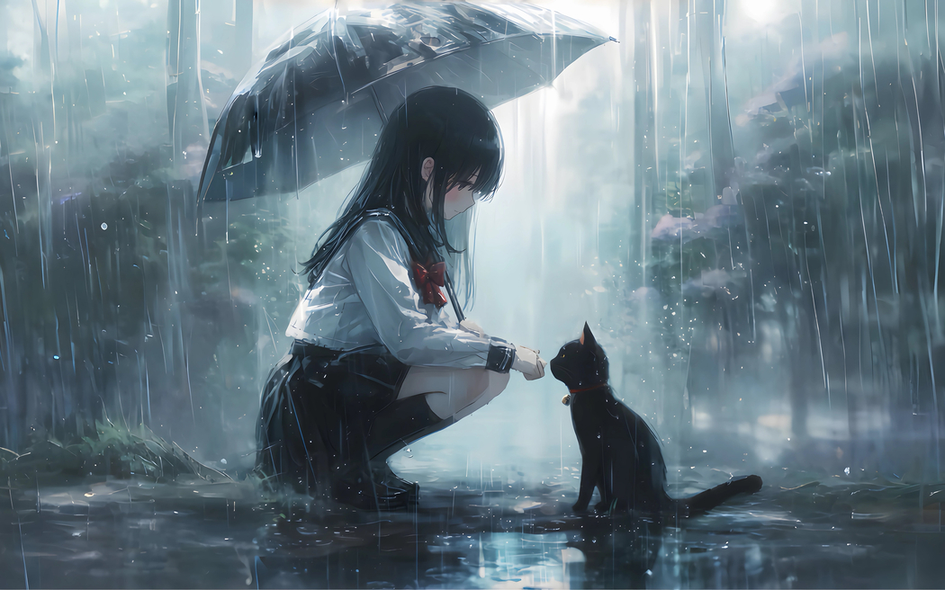 下雨天小女孩与猫咪高清壁纸 3200x2000 适用于平板笔记本等设备