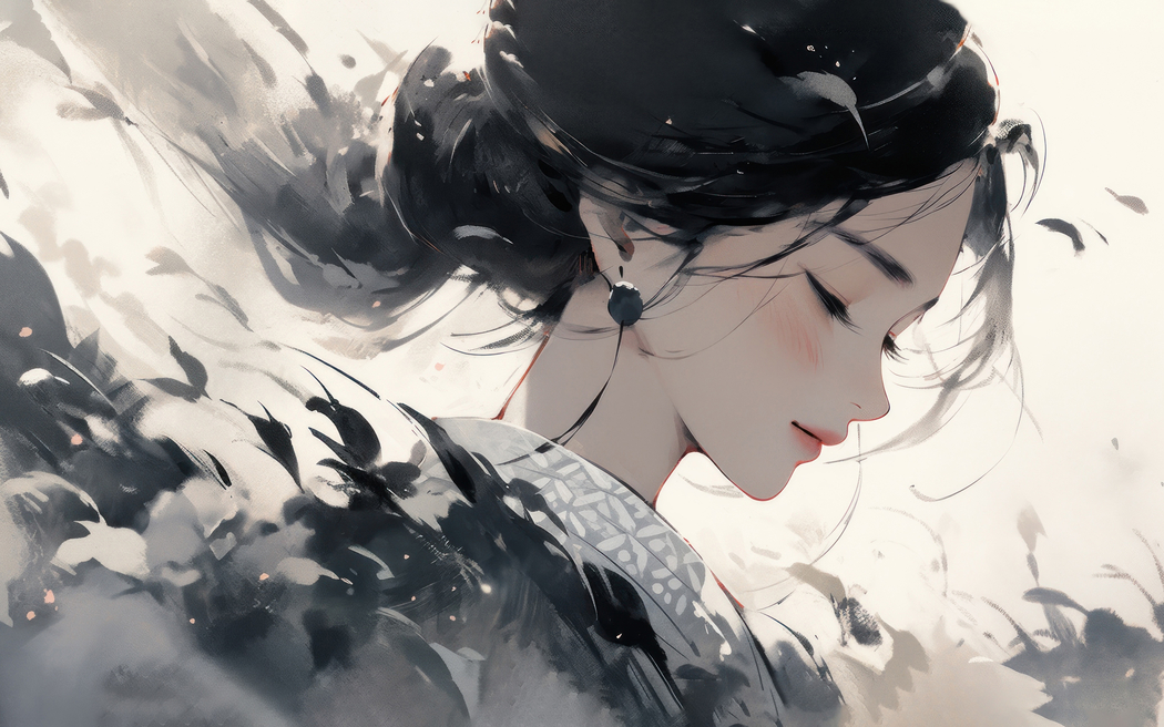 水墨风动漫少女闭眼唯美高清壁纸 3200x2000 适配平板笔记本
