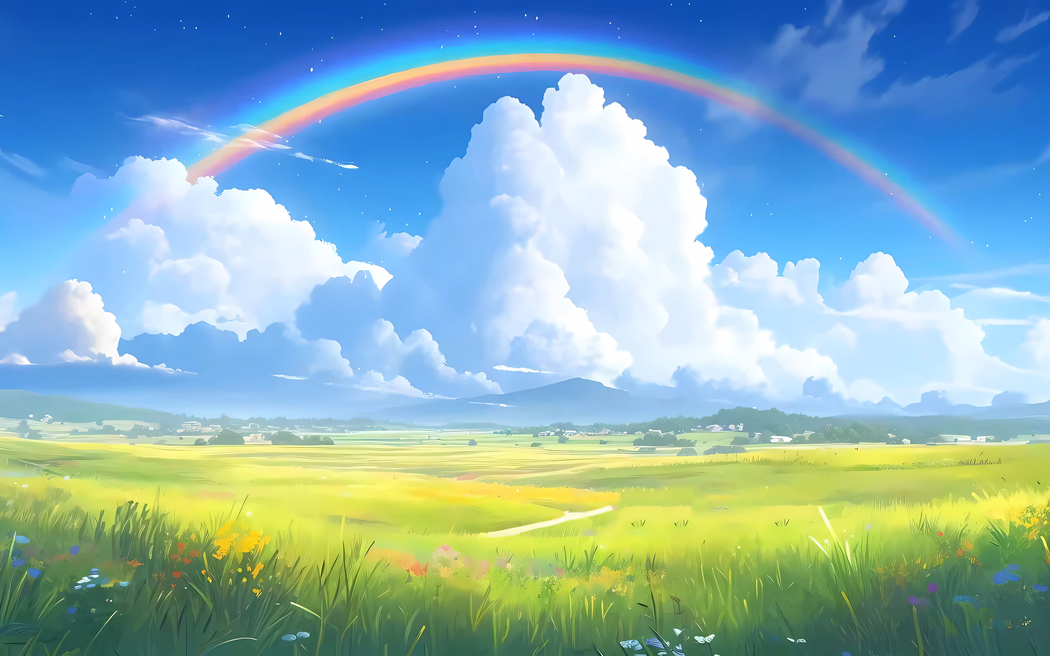 高清壁纸下载，蓝天白云彩虹绿草地 2880x1800 适配平板笔记本