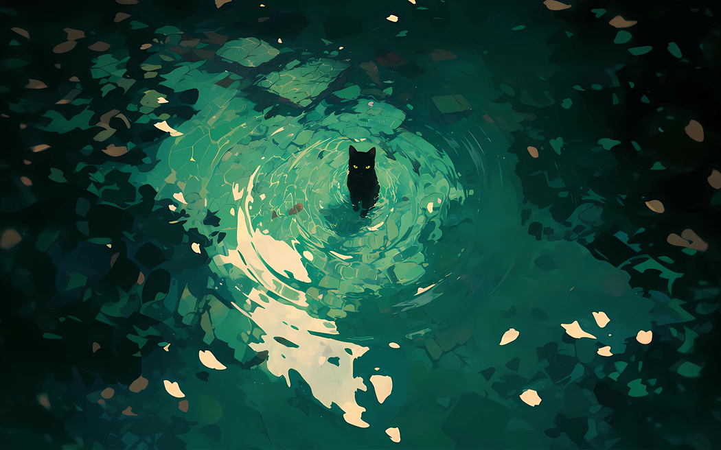 高清孤独黑猫水中壁纸 2880x1800 适配平板笔记本