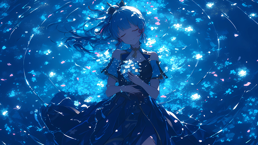 原神神里绫华4K高清壁纸下载，水与花瓣交织的3840x2160动漫美图