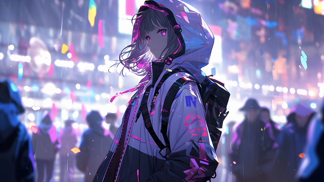 雨夜霓虹下的赛博朋克女孩4K高清壁纸（3840x2160）下载
