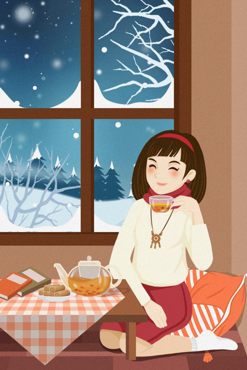 冬季居家品茶赏雪高清PNG手绘卡通元素图片素材下载