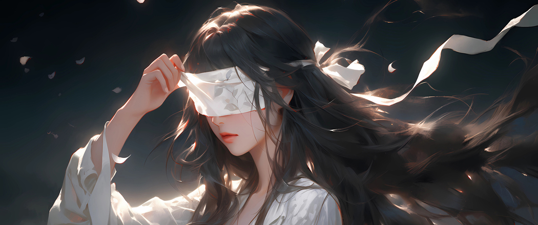 古风蒙眼长发美女4K带鱼屏壁纸，3440x1440高清动漫图片下载