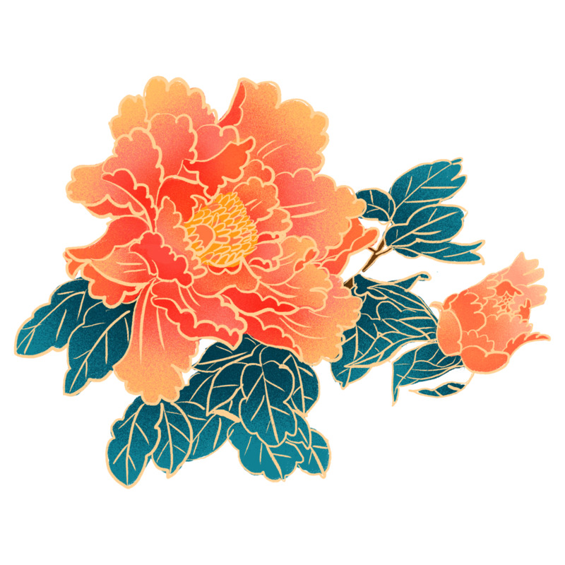 国潮红色牡丹插画PNG透明素材，高清中国风装饰元素下载