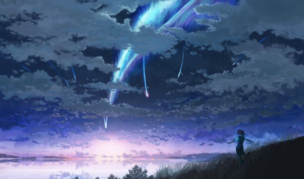 高清4K动漫壁纸，女孩与云彩共赏日落，夜晚湖泊美景，你的名字1920x1134下载