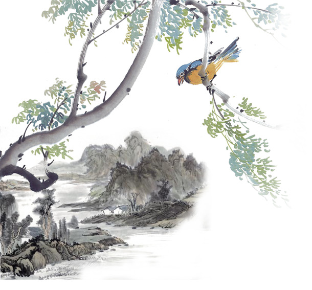 中国风水墨黄鹂鸟山水画PNG透明高清图片素材下载