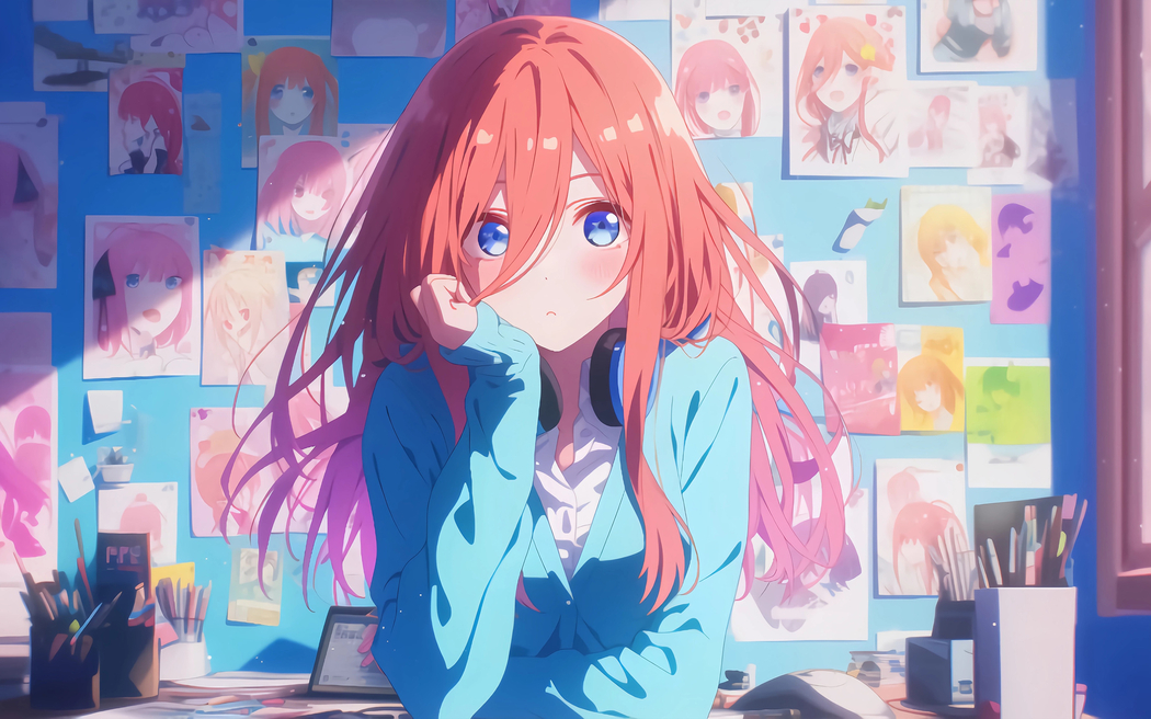 蓝色动漫少女大头贴壁纸，2880x1800高清适用于平板笔记本等设备