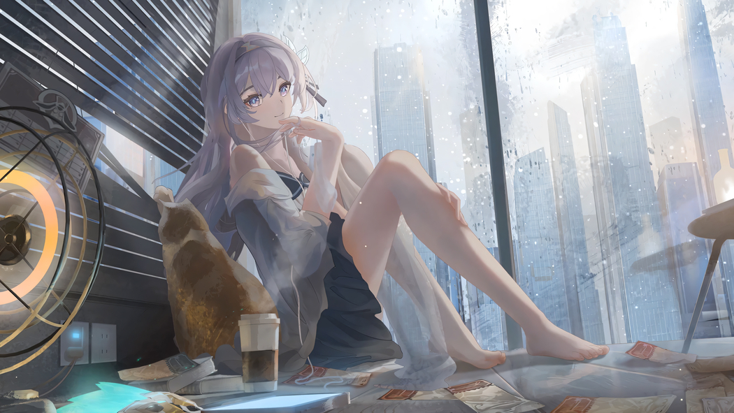 少女休闲时光，猫咪与玻璃窗4K高清壁纸（3840x2160）下载
