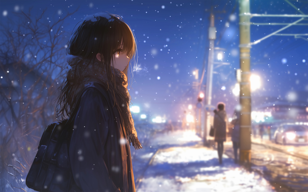 雪夜街女孩围巾4K超清动漫壁纸 3840x2400高清下载