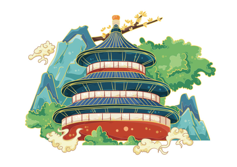 手绘国潮北京地标建筑高清PNG素材，中国风装饰元素下载
