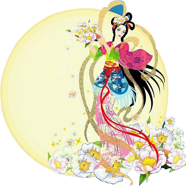 中秋节手绘月亮美女高清PNG素材，透明底节日元素设计图下载