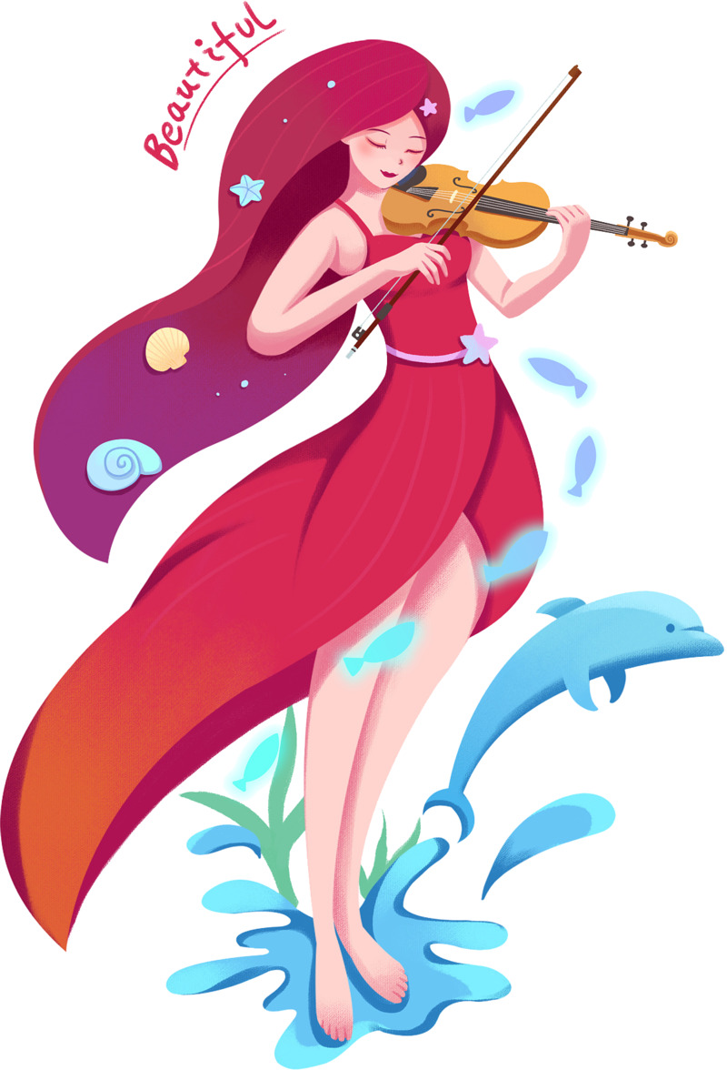 夏日音乐主题小提琴组合高清PNG透明插画，手绘卡通元素设计素材下载