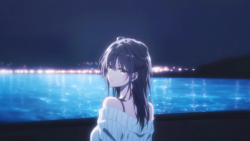 雪之下雪乃回头瞬间，海与夜交织的唯美4K壁纸，3840x2160高清动漫图片下载
