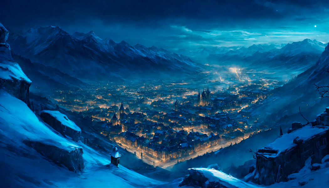 4K高清壁纸，雪夜俯视山谷之城，黑暗中的灯光美景，4200x2400分辨率下载