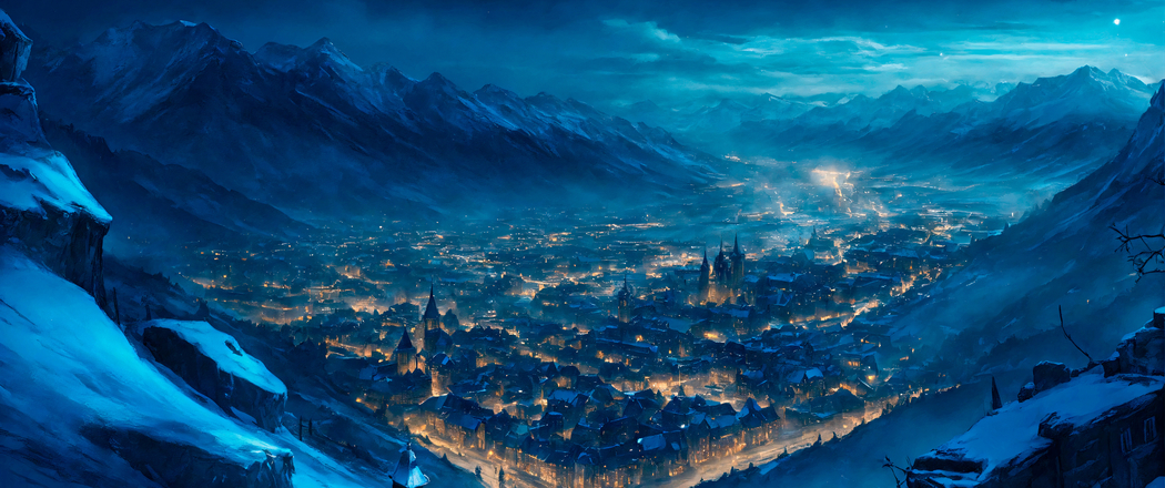 山谷之城雪夜灯光 4K带鱼屏壁纸 高清3440x1440下载