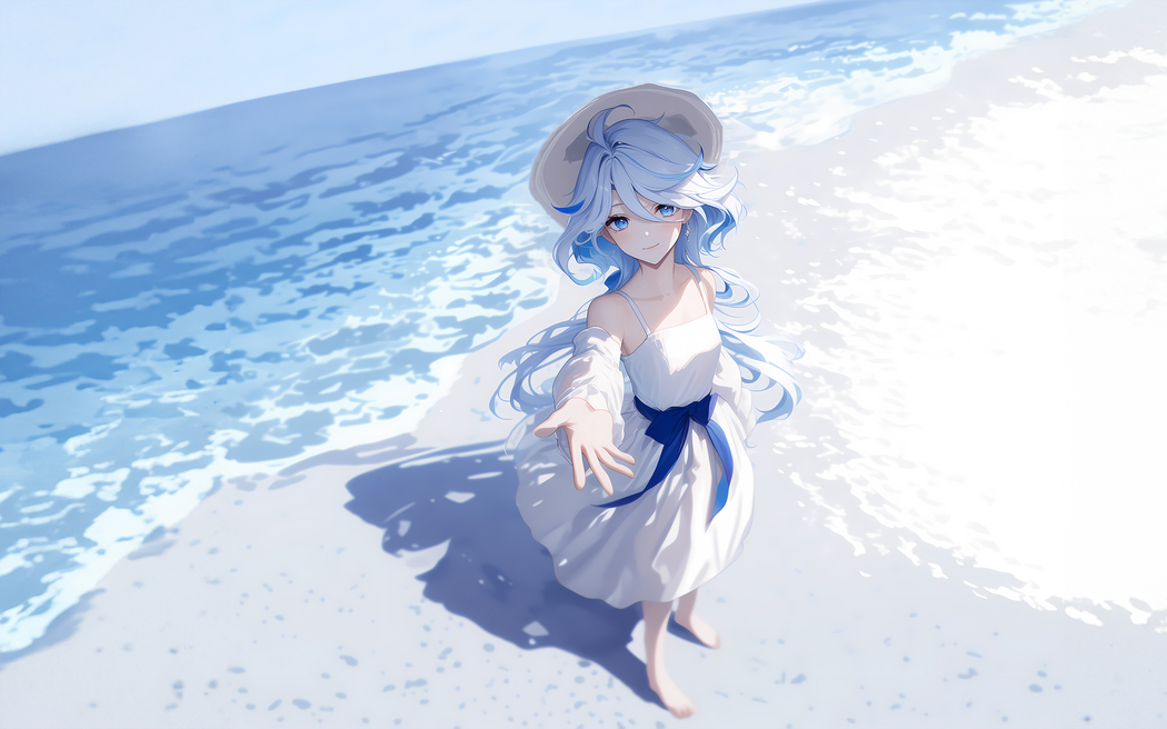 芙宁娜海边风情动漫壁纸，2880x1800高清版，适配平板笔记本等便携设备下载