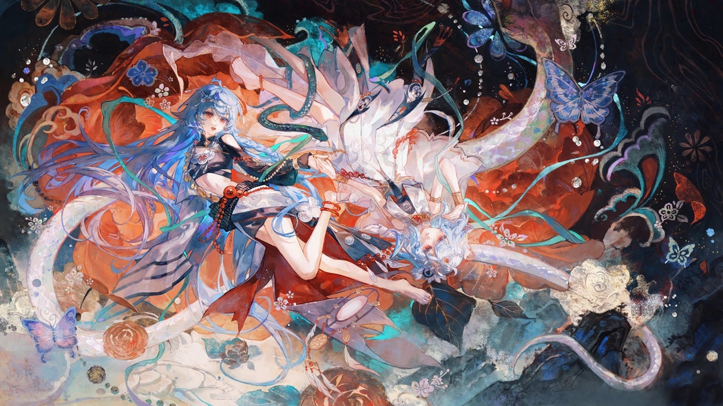 动漫女孩与花蝴蝶新春绘画，4K高清壁纸下载（3840x2160）