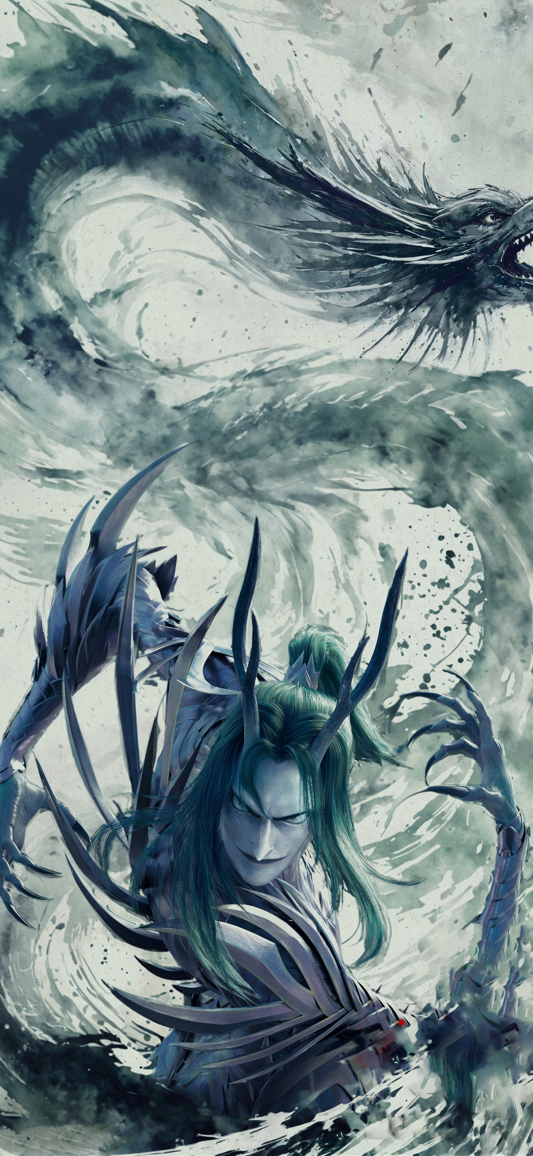 敖顺《哪吒之魔童闹海》水墨海报高清手机壁纸下载，5K/4K分辨率，尺寸2598x5626