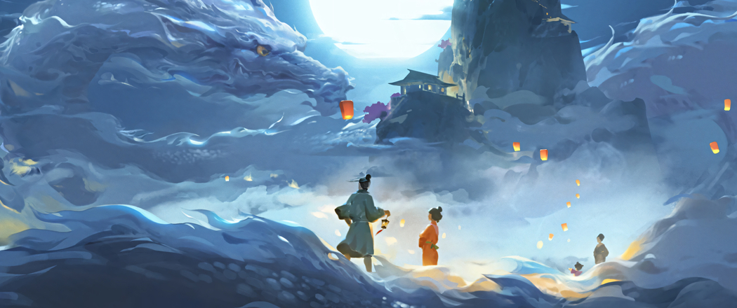 苍龙抱月神话国风4K动漫壁纸，3440x1440带鱼屏高清下载