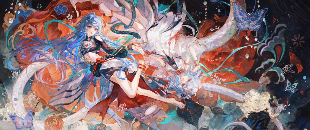 动漫女孩与花蝴蝶唯美融合 3440x1440带鱼屏4K高清壁纸下载