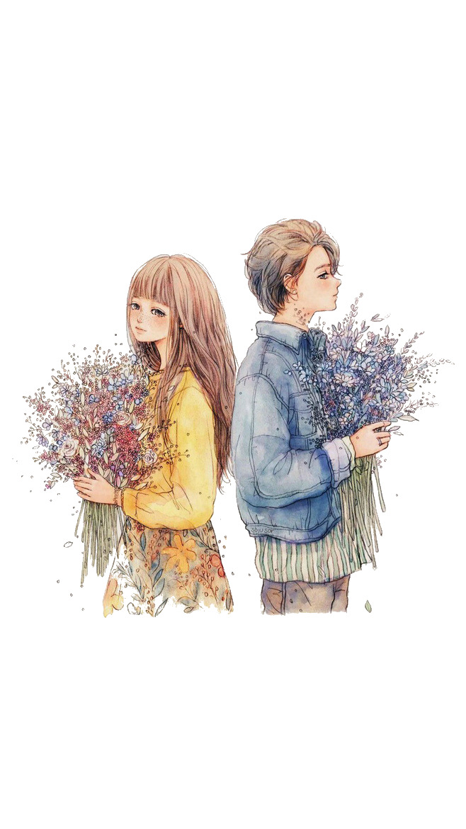 情人节手绘高清PNG透明图片素材，少男少女节日元素设计下载