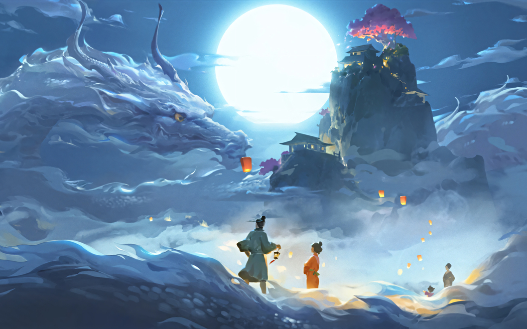 苍龙抱月神话国风壁纸，2880x1800高清，适配平板笔记本便携设备