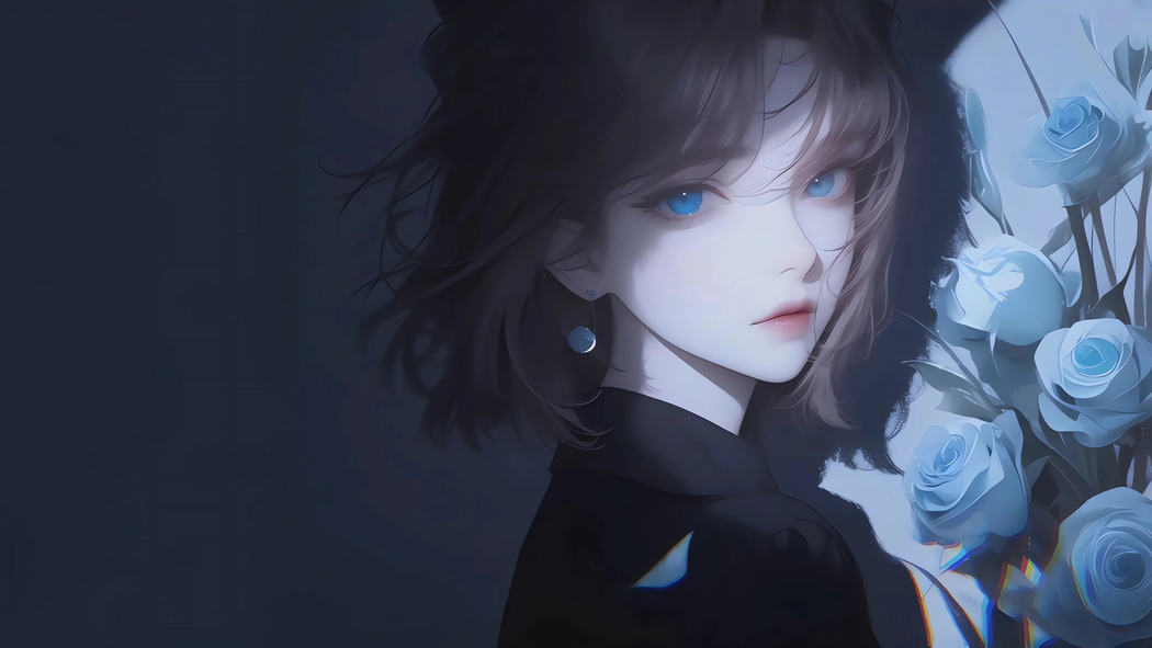 短发女孩与蓝玫瑰4K动漫壁纸，3840x2160高清下载